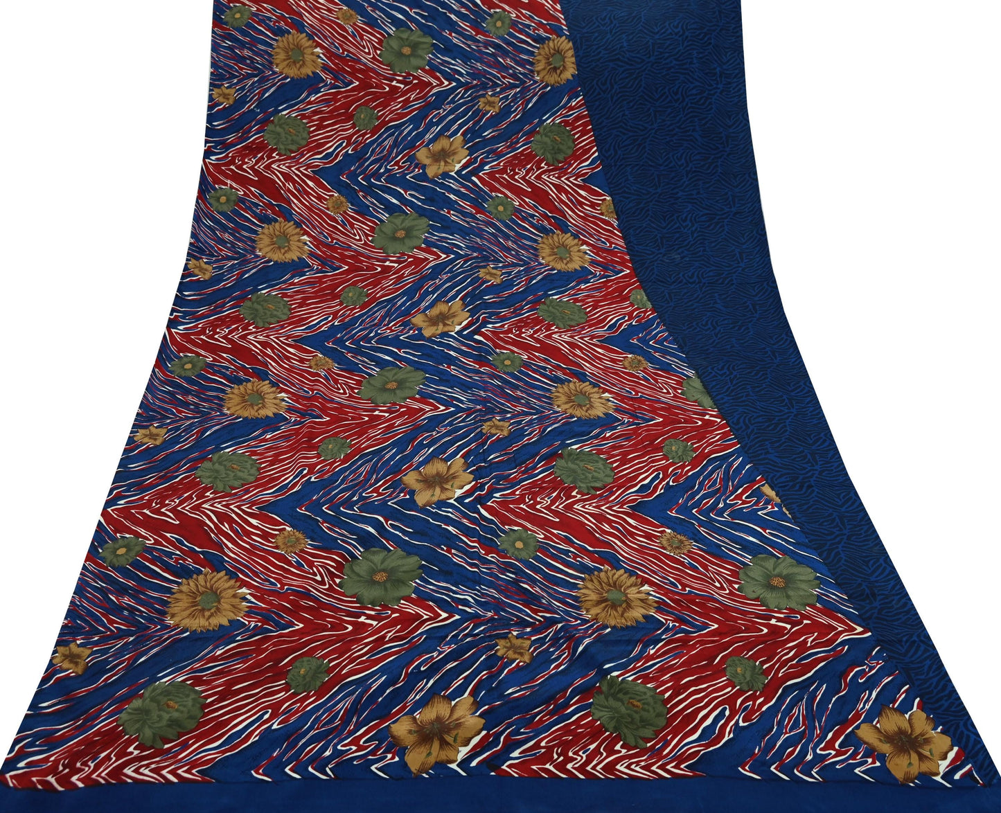 Indian Vintage Red & Blue Saree Pure Crepe Silk Printed Sari Craft Fabric 5yd Sewing Abstract Soft Craft Fabric Wrap Dress making