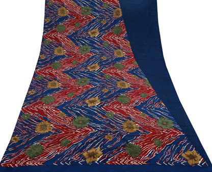 Indian Vintage Red & Blue Saree Pure Crepe Silk Printed Sari Craft Fabric 5yd Sewing Abstract Soft Craft Fabric Wrap Dress making
