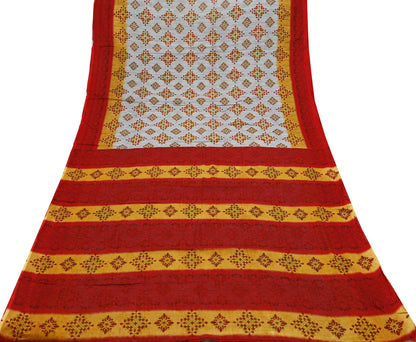 Indian Vintage Sari Red & Gray Printed Pure Cotton Sarees Craft Fabric Soft 5Yd Sewing Sarong Wrap Boho Quilting Crafting Dress making