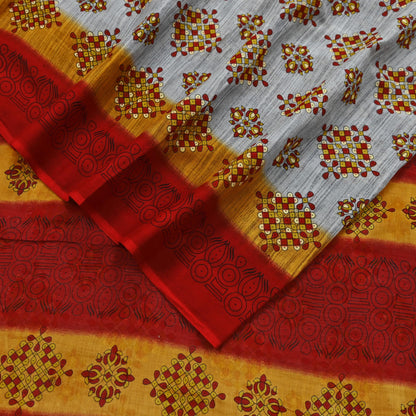 Indian Vintage Sari Red & Gray Printed Pure Cotton Sarees Craft Fabric Soft 5Yd Sewing Sarong Wrap Boho Quilting Crafting Dress making