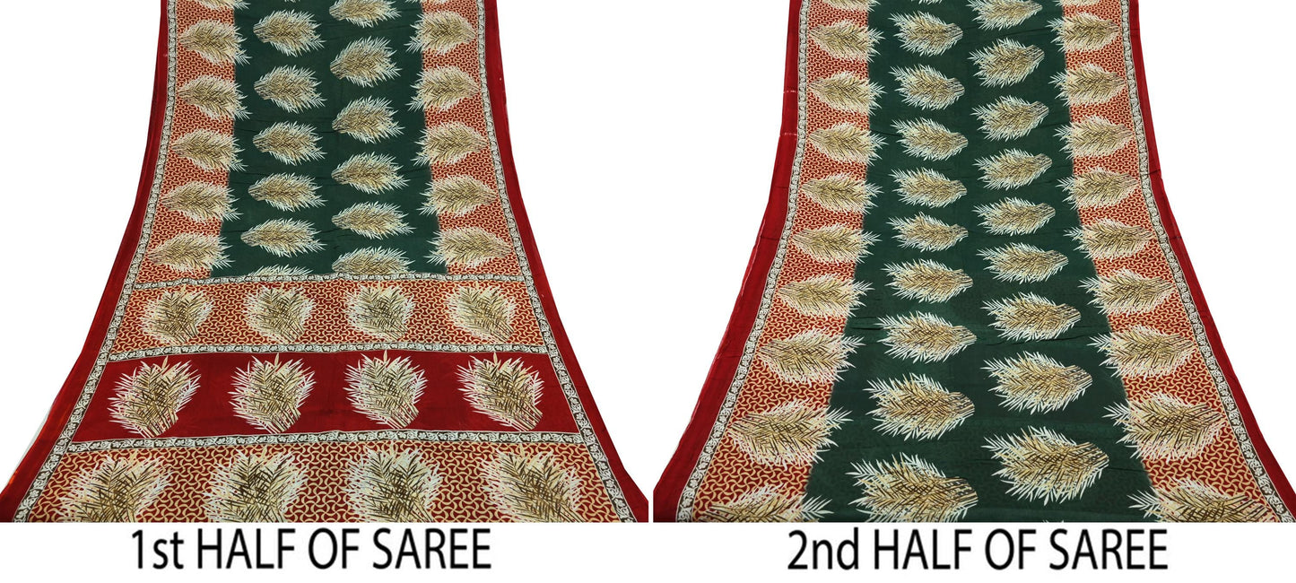 Indian Vintage Sari Green & Red Printed Pure Cotton Saree Craft Fabric 5Yd Sewing Sarong Wrap Boho Floral Crafting Upcycle Quilting Used