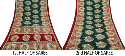 Indian Vintage Sari Green & Red Printed Pure Cotton Saree Craft Fabric 5Yd Sewing Sarong Wrap Boho Floral Crafting Upcycle Quilting Used