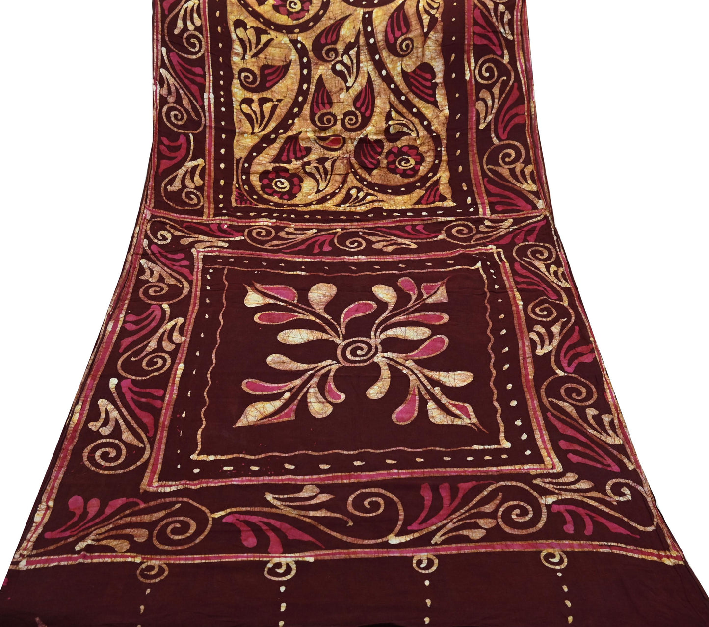 Indian Vintage Maroon & Beige Saree Batik Printed 100% Pure Cotton Indian Sari Craft Soft Fabric 5Yard Sewing Sarong Wrap Boho