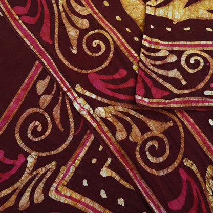 Indian Vintage Maroon & Beige Saree Batik Printed 100% Pure Cotton Indian Sari Craft Soft Fabric 5Yard Sewing Sarong Wrap Boho