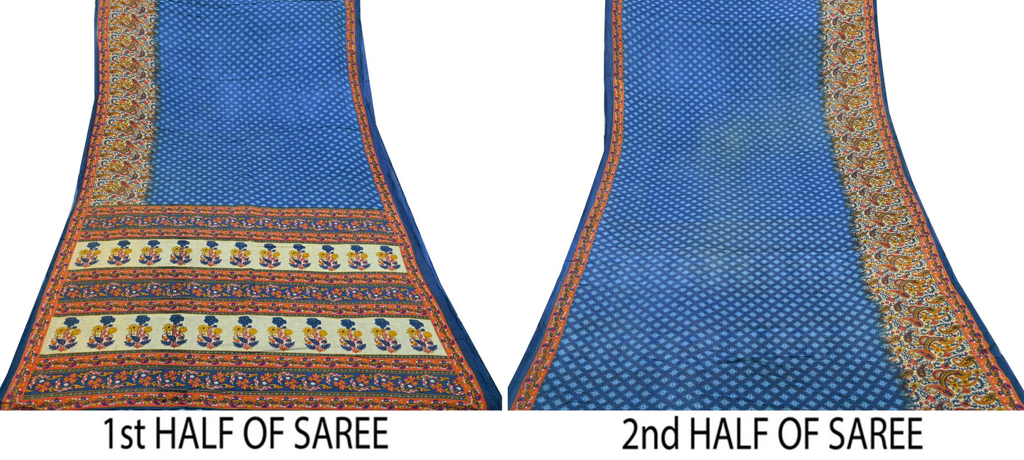 Indian Vintage Sari Blue  & Ivory Printed Pure Cotton Sarees Craft Fabric 5Yd Soft Sewing Sarong Wrap Boho Floral Quilting Crafting Upcycle