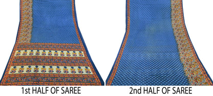 Indian Vintage Sari Blue  & Ivory Printed Pure Cotton Sarees Craft Fabric 5Yd Soft Sewing Sarong Wrap Boho Floral Quilting Crafting Upcycle