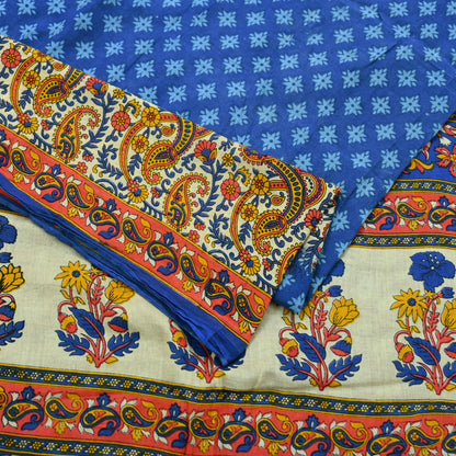 Indian Vintage Sari Blue  & Ivory Printed Pure Cotton Sarees Craft Fabric 5Yd Soft Sewing Sarong Wrap Boho Floral Quilting Crafting Upcycle
