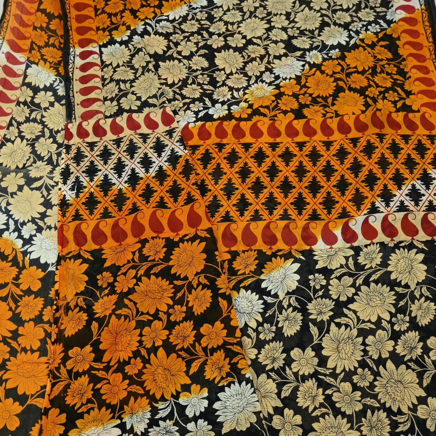 Indian Vintage Sari Black Printed 100% Pure Cotton Saree Craft Fabric 5Yd Sewing Sarong Wrap Boho Floral Dress making