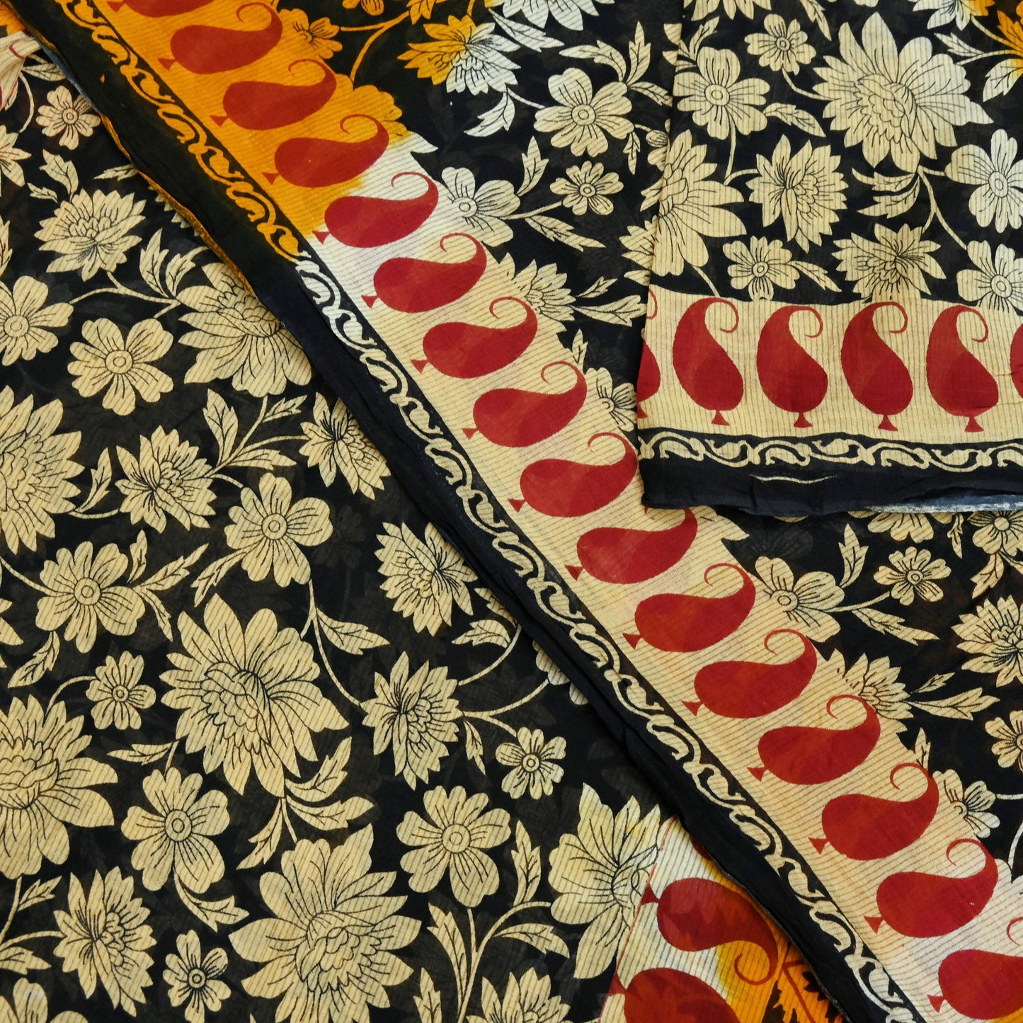 Indian Vintage Sari Black Printed 100% Pure Cotton Saree Craft Fabric 5Yd Sewing Sarong Wrap Boho Floral Dress making