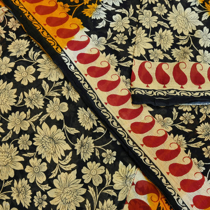 Indian Vintage Sari Black Printed 100% Pure Cotton Saree Craft Fabric 5Yd Sewing Sarong Wrap Boho Floral Dress making