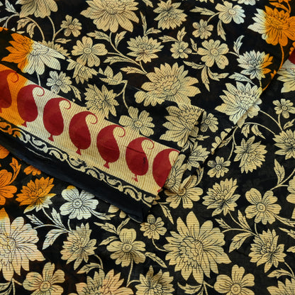 Indian Vintage Sari Black Printed 100% Pure Cotton Saree Craft Fabric 5Yd Sewing Sarong Wrap Boho Floral Dress making