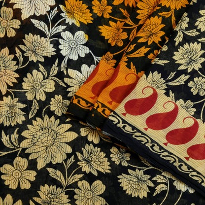 Indian Vintage Sari Black Printed 100% Pure Cotton Saree Craft Fabric 5Yd Sewing Sarong Wrap Boho Floral Dress making