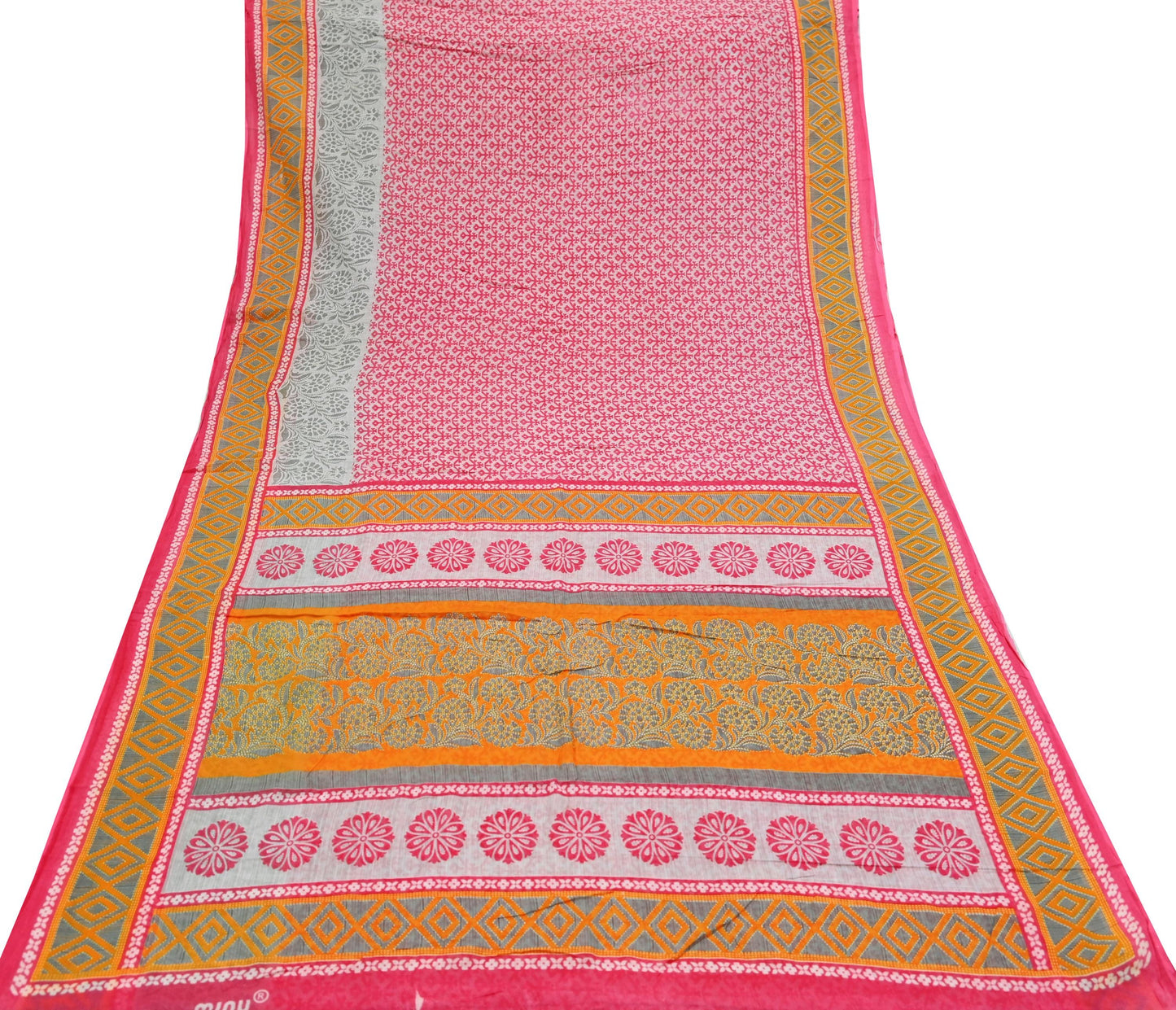 Indian Vintage Sari Gray & Pink Printed Blend Cotton Saree Craft Fabric 5Yd Soft Sewing Sarong Wrap Boho Paisley
