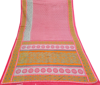Indian Vintage Sari Gray & Pink Printed Blend Cotton Saree Craft Fabric 5Yd Soft Sewing Sarong Wrap Boho Paisley