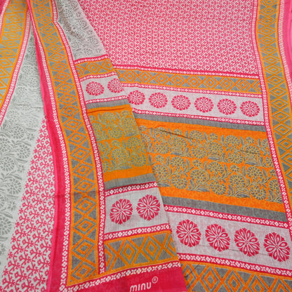 Indian Vintage Sari Gray & Pink Printed Blend Cotton Saree Craft Fabric 5Yd Soft Sewing Sarong Wrap Boho Paisley