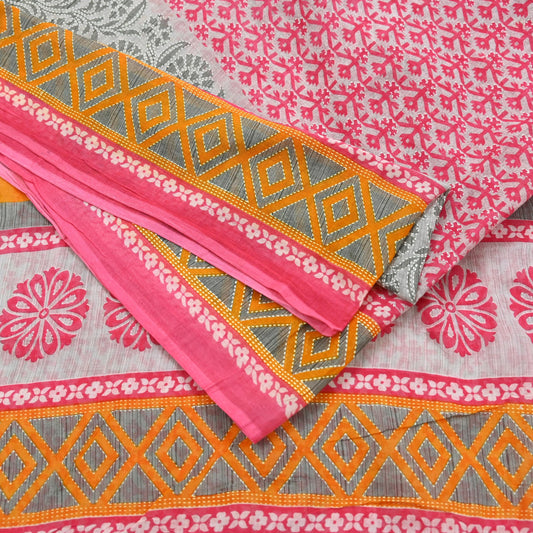 Indian Vintage Sari Gray & Pink Printed Blend Cotton Saree Craft Fabric 5Yd Soft Sewing Sarong Wrap Boho Paisley