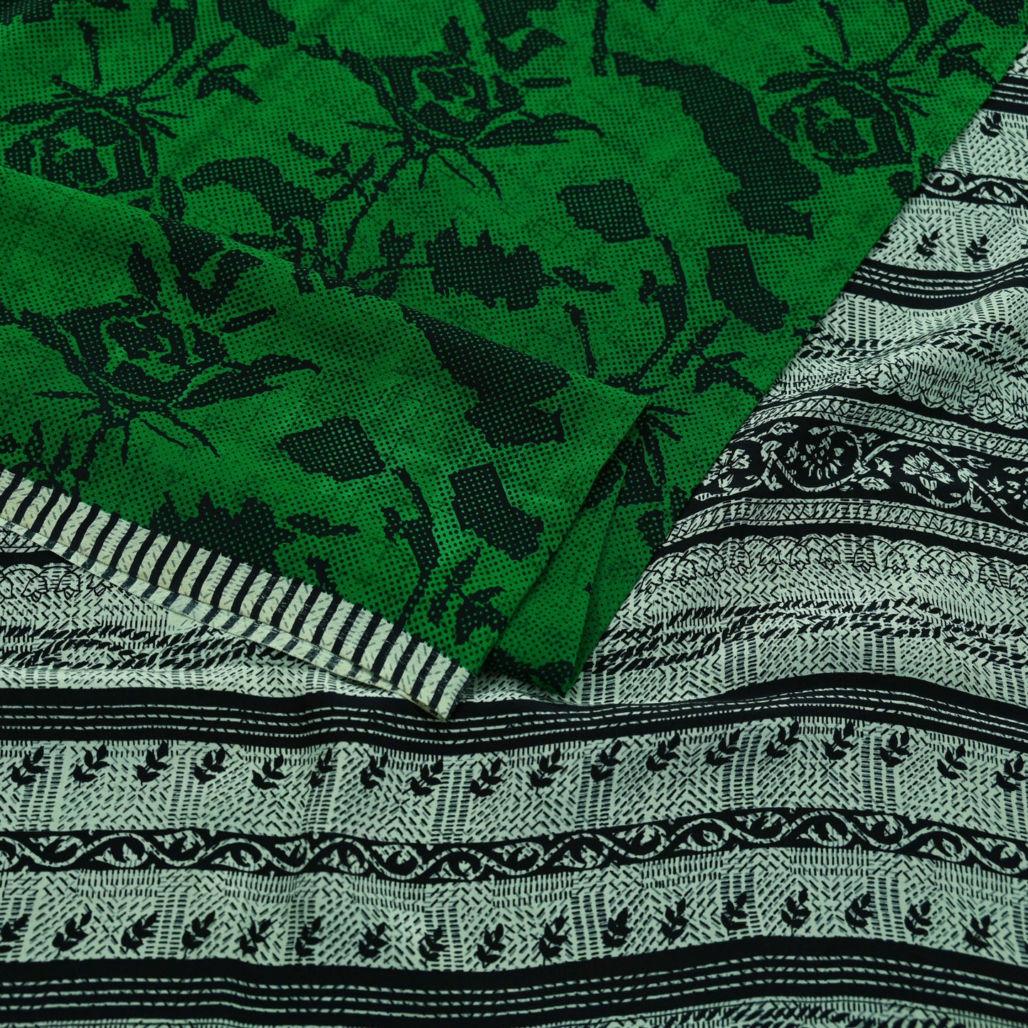 Indian Vintage Sari Green & Black Pure Crepe Silk Printed Sarees 5yd Sewing Floral Soft Craft Fabric Wrap Dress making Crafting Quilting