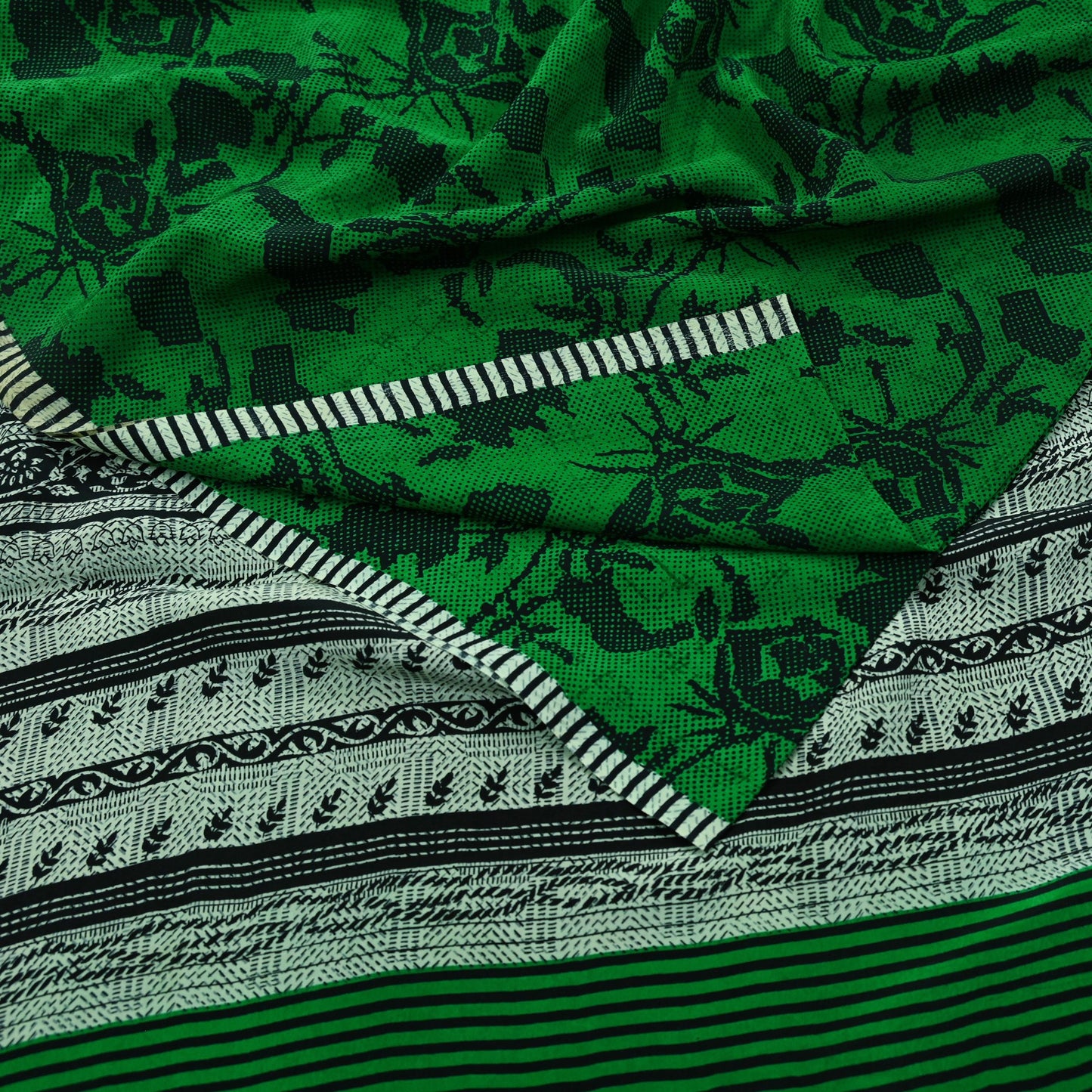 Indian Vintage Sari Green & Black Pure Crepe Silk Printed Sarees 5yd Sewing Floral Soft Craft Fabric Wrap Dress making Crafting Quilting