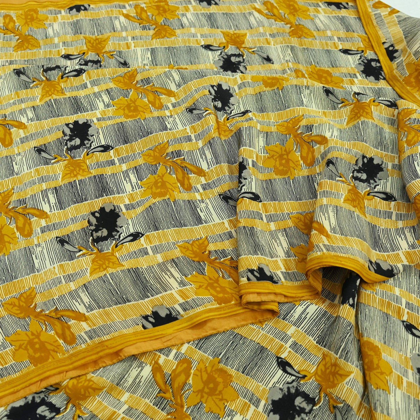 Indian Vintage Sari Mustard & Black Pure Crepe Silk Printed Sarees 5yd Sewing Soft Craft Fabric Floral Wrap Quilting Dress Making Crafting