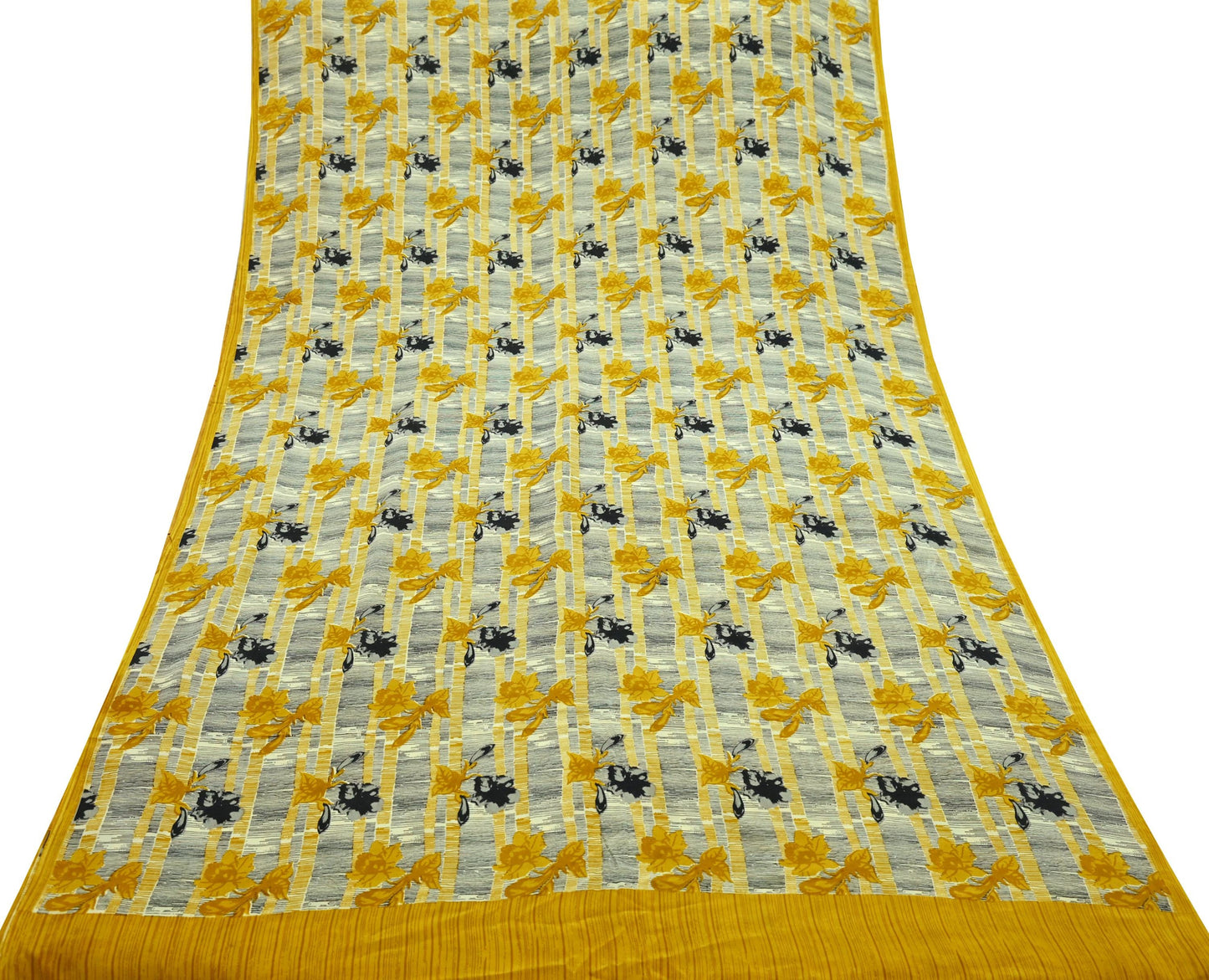 Indian Vintage Sari Mustard & Black Pure Crepe Silk Printed Sarees 5yd Sewing Soft Craft Fabric Floral Wrap Quilting Dress Making Crafting