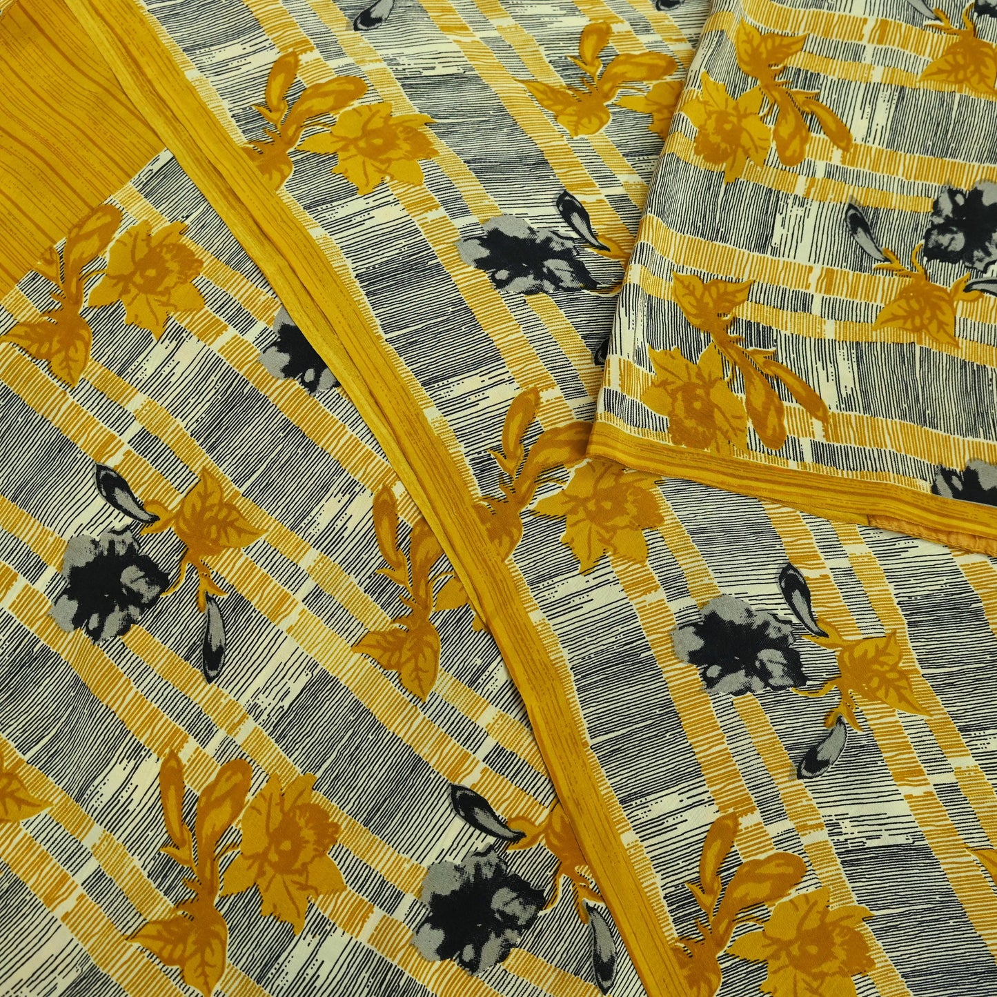 Indian Vintage Sari Mustard & Black Pure Crepe Silk Printed Sarees 5yd Sewing Soft Craft Fabric Floral Wrap Quilting Dress Making Crafting