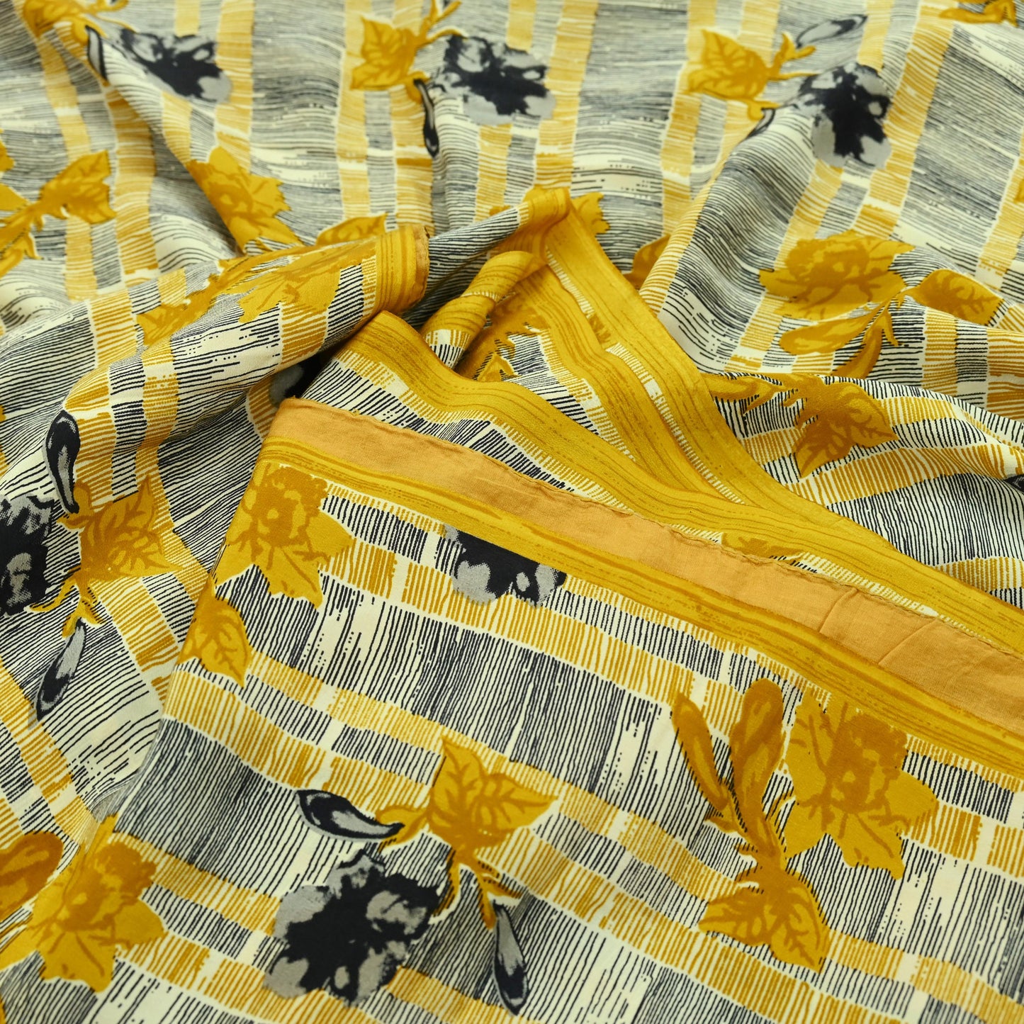 Indian Vintage Sari Mustard & Black Pure Crepe Silk Printed Sarees 5yd Sewing Soft Craft Fabric Floral Wrap Quilting Dress Making Crafting