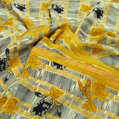 Indian Vintage Sari Mustard & Black Pure Crepe Silk Printed Sarees 5yd Sewing Soft Craft Fabric Floral Wrap Quilting Dress Making Crafting