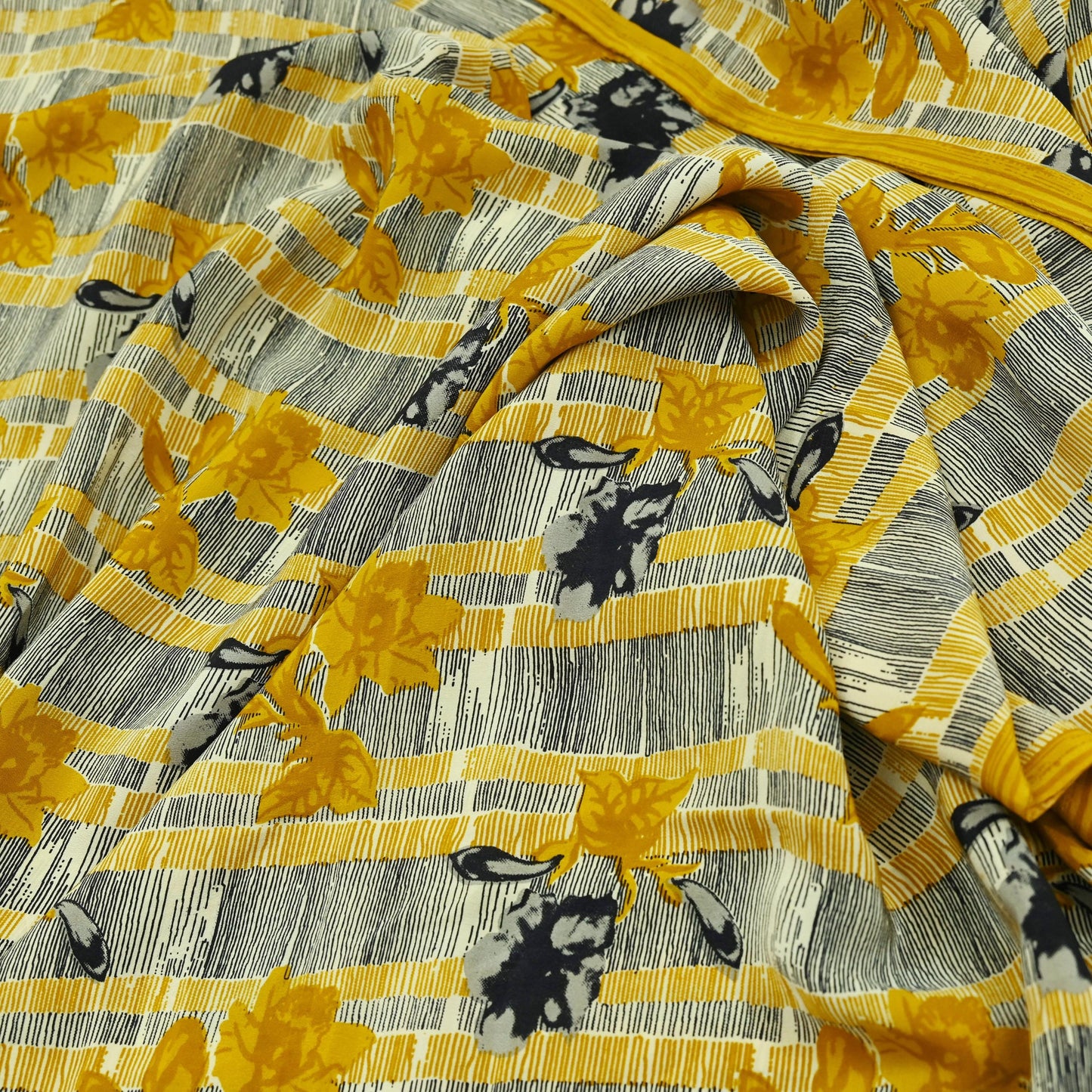 Indian Vintage Sari Mustard & Black Pure Crepe Silk Printed Sarees 5yd Sewing Soft Craft Fabric Floral Wrap Quilting Dress Making Crafting