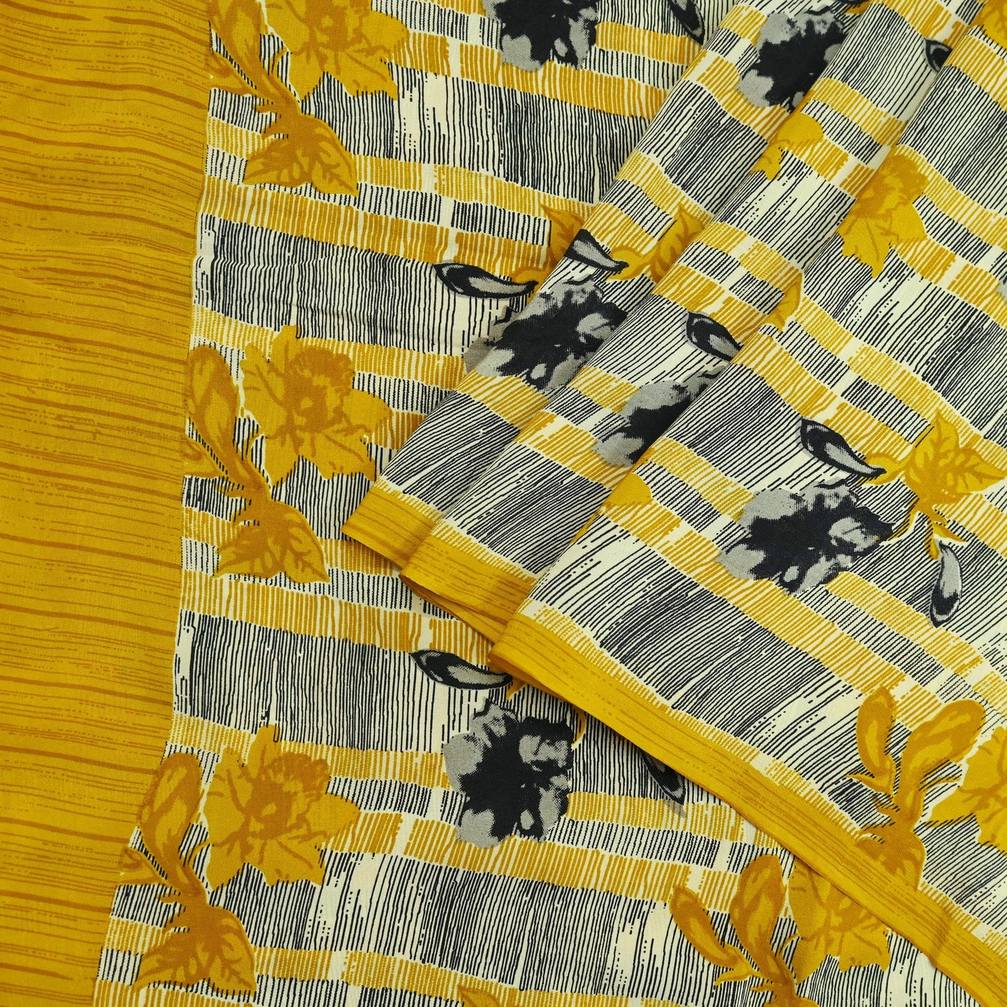 Indian Vintage Sari Mustard & Black Pure Crepe Silk Printed Sarees 5yd Sewing Soft Craft Fabric Floral Wrap Quilting Dress Making Crafting