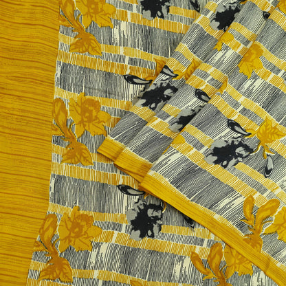 Indian Vintage Sari Mustard & Black Pure Crepe Silk Printed Sarees 5yd Sewing Soft Craft Fabric Floral Wrap Quilting Dress Making Crafting