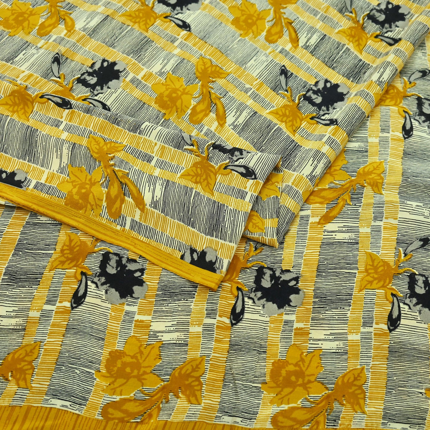 Indian Vintage Sari Mustard & Black Pure Crepe Silk Printed Sarees 5yd Sewing Soft Craft Fabric Floral Wrap Quilting Dress Making Crafting