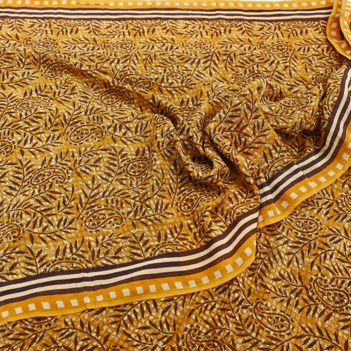 Indian Vintage Mustard Saree 100% Pure Georgette Silk Hand Block Printed Sari Sewing 5yd Craft Soft Dress Designing for Crafting