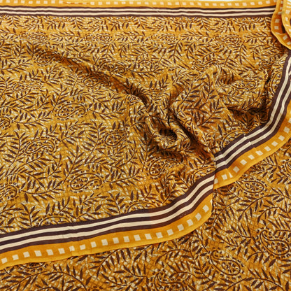 Indian Vintage Mustard Saree 100% Pure Georgette Silk Hand Block Printed Sari Sewing 5yd Craft Soft Dress Designing for Crafting