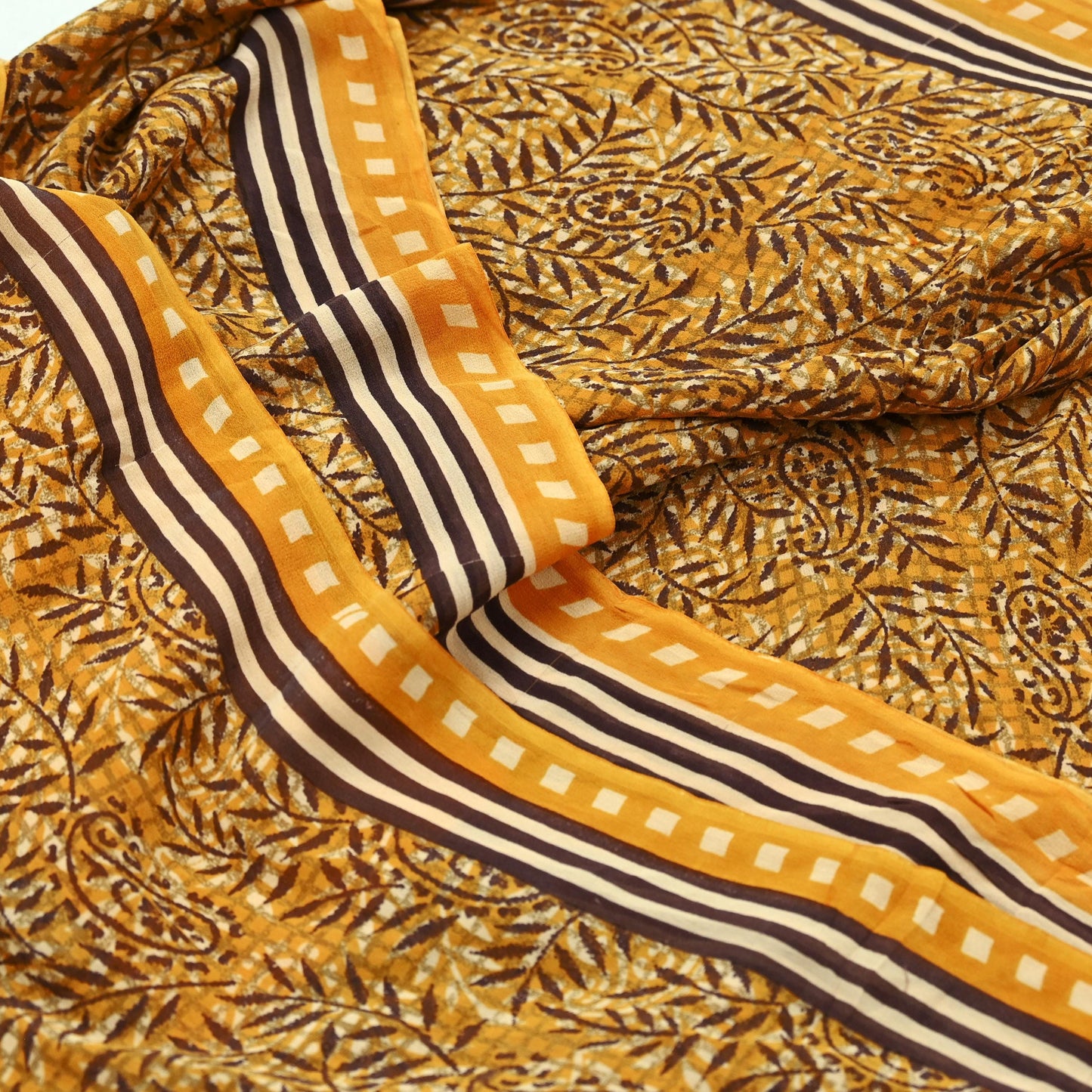 Indian Vintage Mustard Saree 100% Pure Georgette Silk Hand Block Printed Sari Sewing 5yd Craft Soft Dress Designing for Crafting