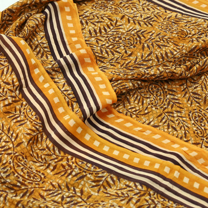 Indian Vintage Mustard Saree 100% Pure Georgette Silk Hand Block Printed Sari Sewing 5yd Craft Soft Dress Designing for Crafting