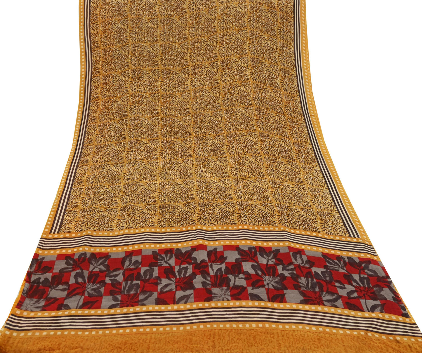 Indian Vintage Mustard Saree 100% Pure Georgette Silk Hand Block Printed Sari Sewing 5yd Craft Soft Dress Designing for Crafting