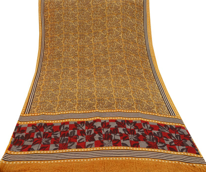 Indian Vintage Mustard Saree 100% Pure Georgette Silk Hand Block Printed Sari Sewing 5yd Craft Soft Dress Designing for Crafting