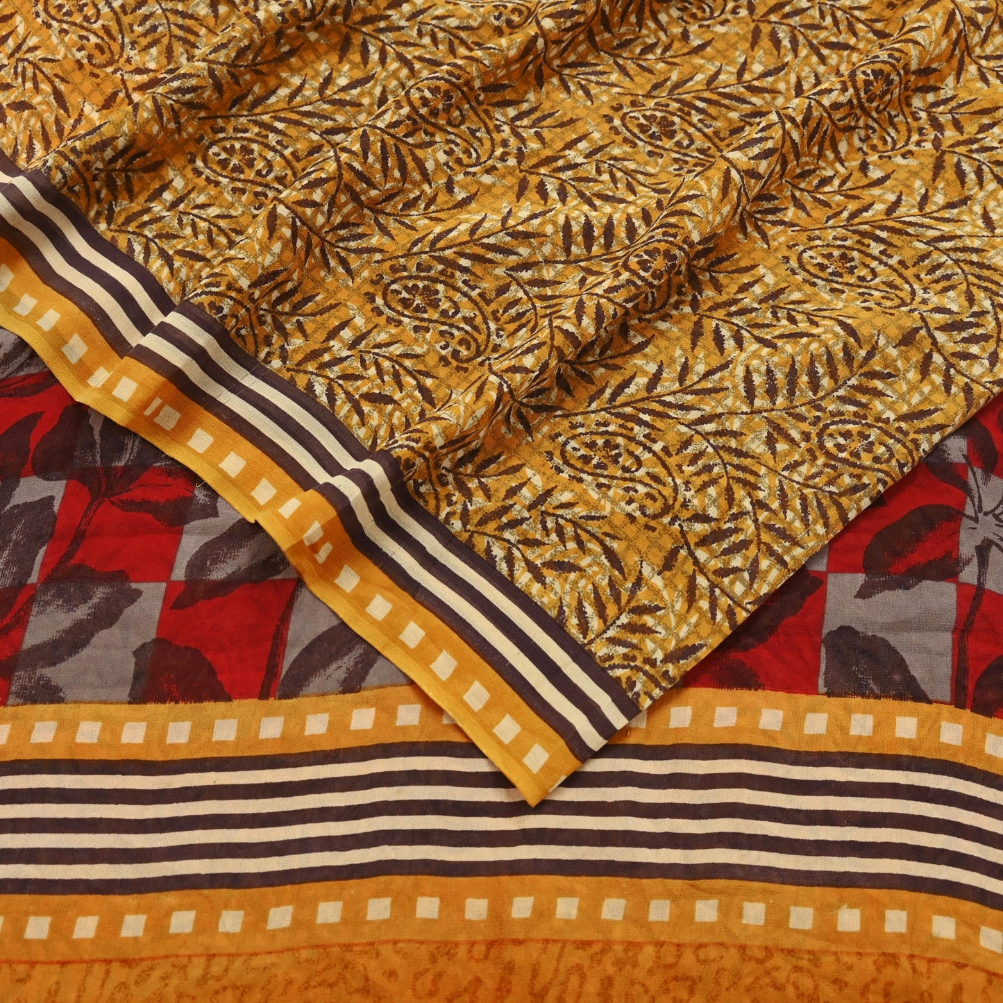 Indian Vintage Mustard Saree 100% Pure Georgette Silk Hand Block Printed Sari Sewing 5yd Craft Soft Dress Designing for Crafting
