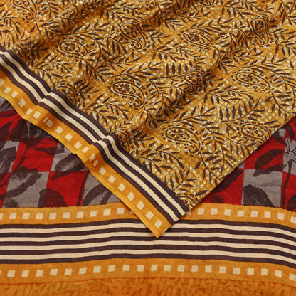 Indian Vintage Mustard Saree 100% Pure Georgette Silk Hand Block Printed Sari Sewing 5yd Craft Soft Dress Designing for Crafting