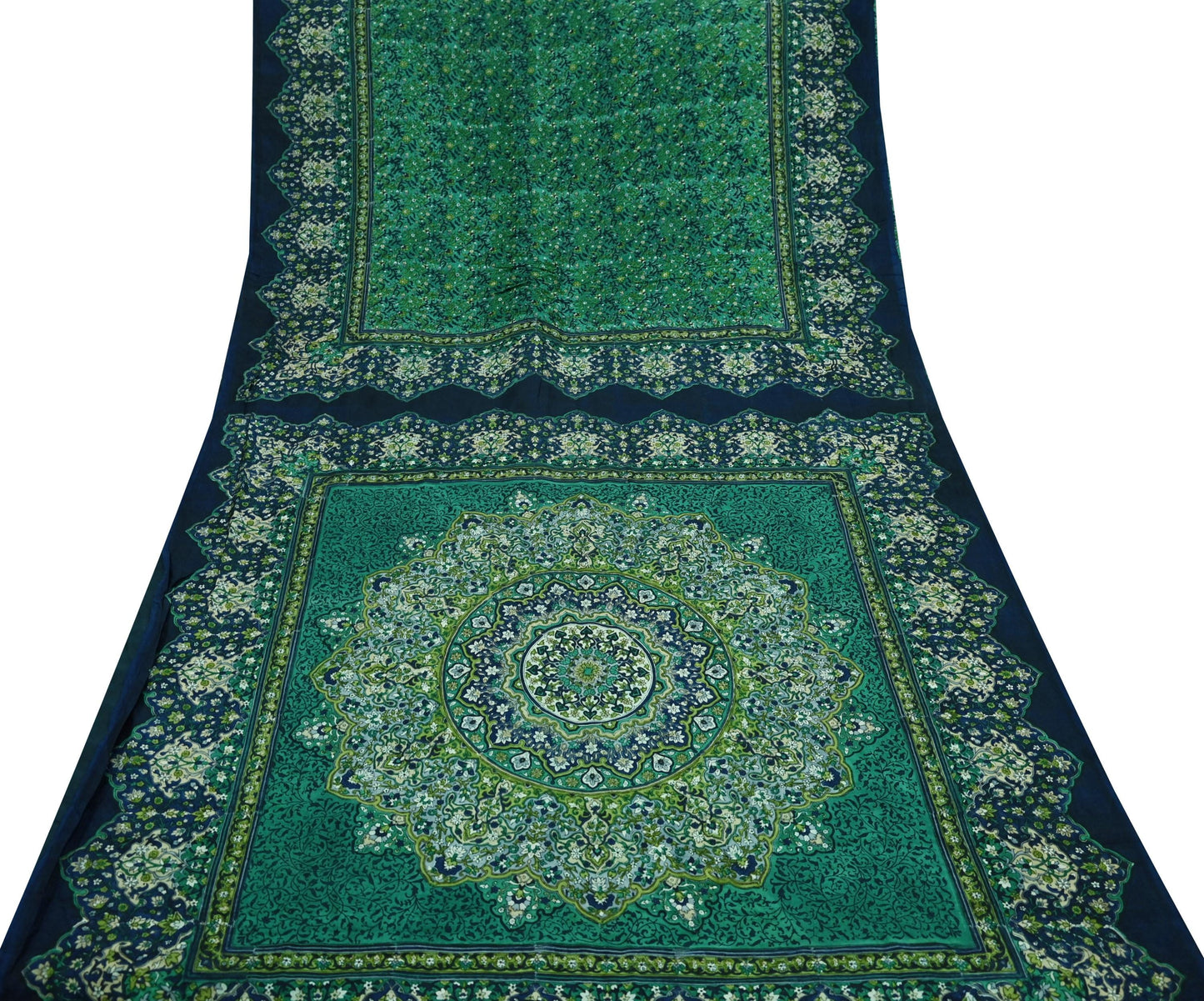 Indian Vintage Sari Green & Blue 100% Pure Silk Block Printed Sarees 5yd Sewing Craft Fabric Dress Making Wrap Crafting Quilting Upcycle