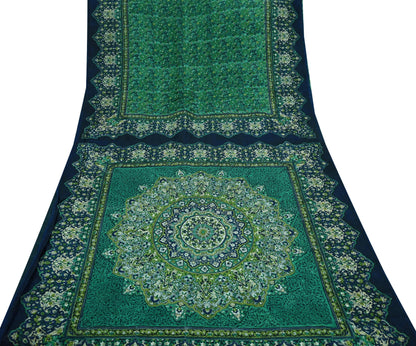 Indian Vintage Sari Green & Blue 100% Pure Silk Block Printed Sarees 5yd Sewing Craft Fabric Dress Making Wrap Crafting Quilting Upcycle