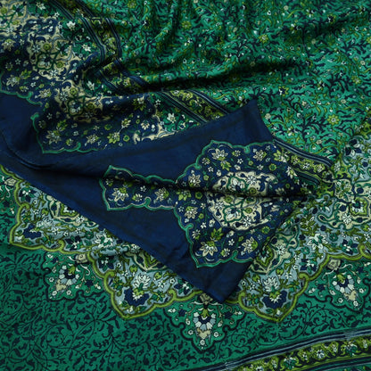 Indian Vintage Sari Green & Blue 100% Pure Silk Block Printed Sarees 5yd Sewing Craft Fabric Dress Making Wrap Crafting Quilting Upcycle