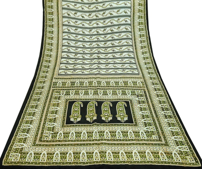 Indian Vintage Sari Ivory & Black Printed Pure Silk Sarees 5yd Sewing Craft Fabric DressMaking Soft Wrap Upcycle Quilting Crafting Used