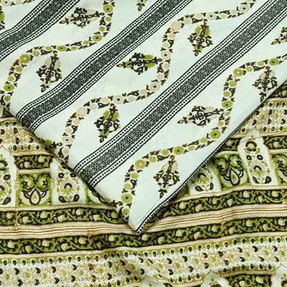 Indian Vintage Sari Ivory & Black Printed Pure Silk Sarees 5yd Sewing Craft Fabric DressMaking Soft Wrap Upcycle Quilting Crafting Used