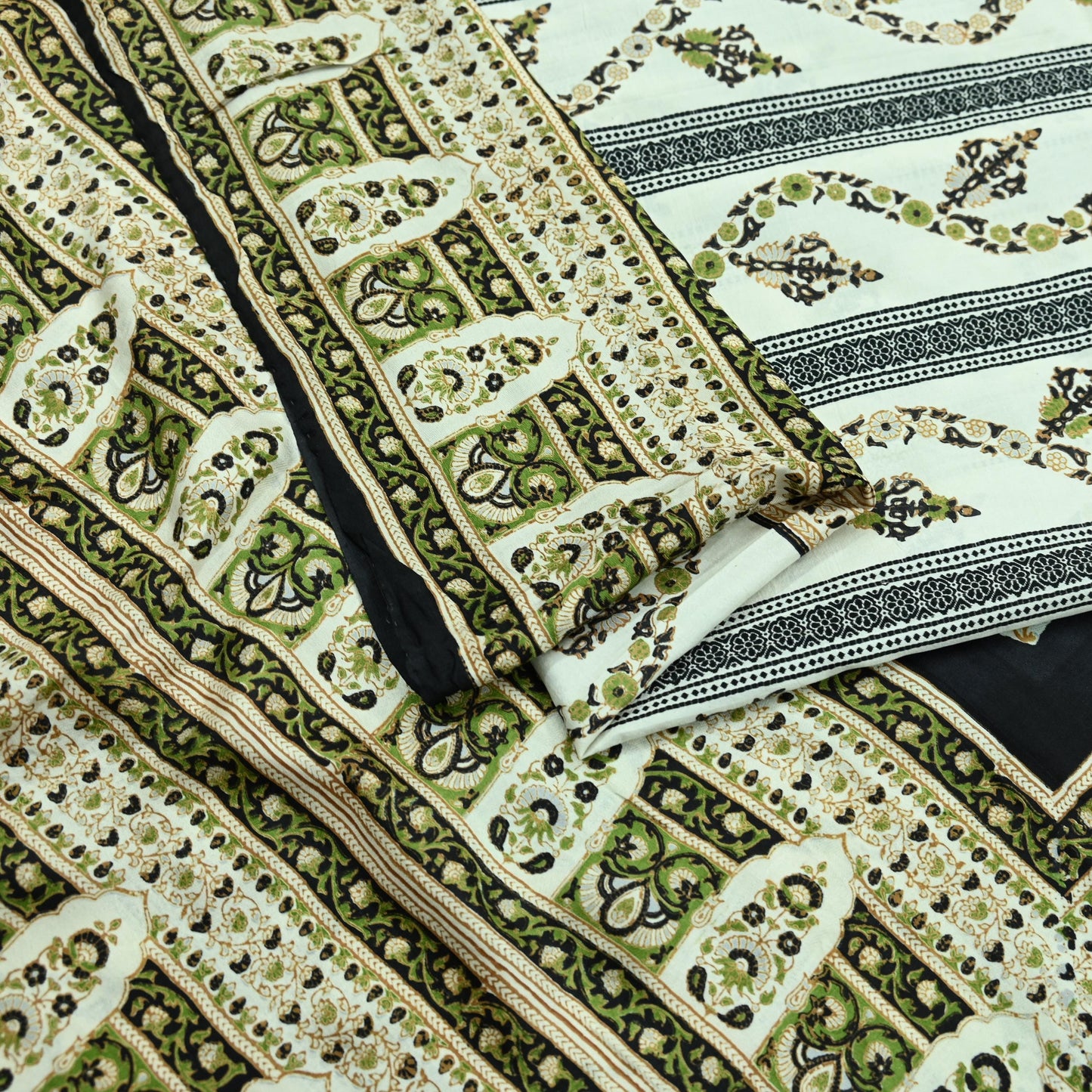 Indian Vintage Sari Ivory & Black Printed Pure Silk Sarees 5yd Sewing Craft Fabric DressMaking Soft Wrap Upcycle Quilting Crafting Used