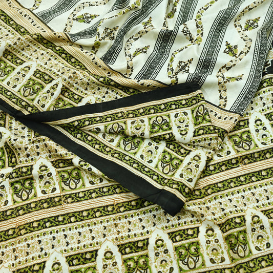Indian Vintage Sari Ivory & Black Printed Pure Silk Sarees 5yd Sewing Craft Fabric DressMaking Soft Wrap Upcycle Quilting Crafting Used