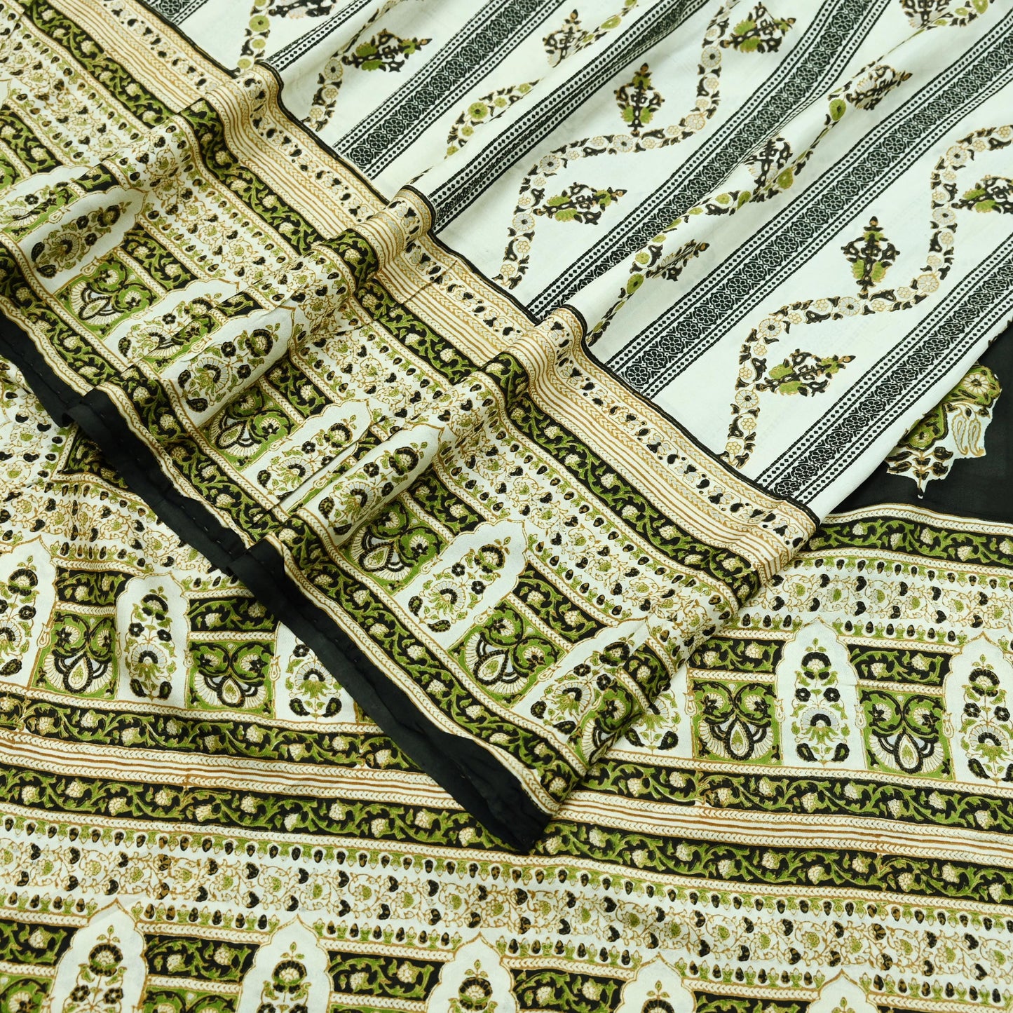 Indian Vintage Sari Ivory & Black Printed Pure Silk Sarees 5yd Sewing Craft Fabric DressMaking Soft Wrap Upcycle Quilting Crafting Used
