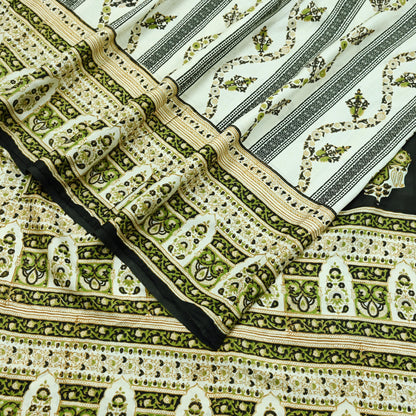 Indian Vintage Sari Ivory & Black Printed Pure Silk Sarees 5yd Sewing Craft Fabric DressMaking Soft Wrap Upcycle Quilting Crafting Used