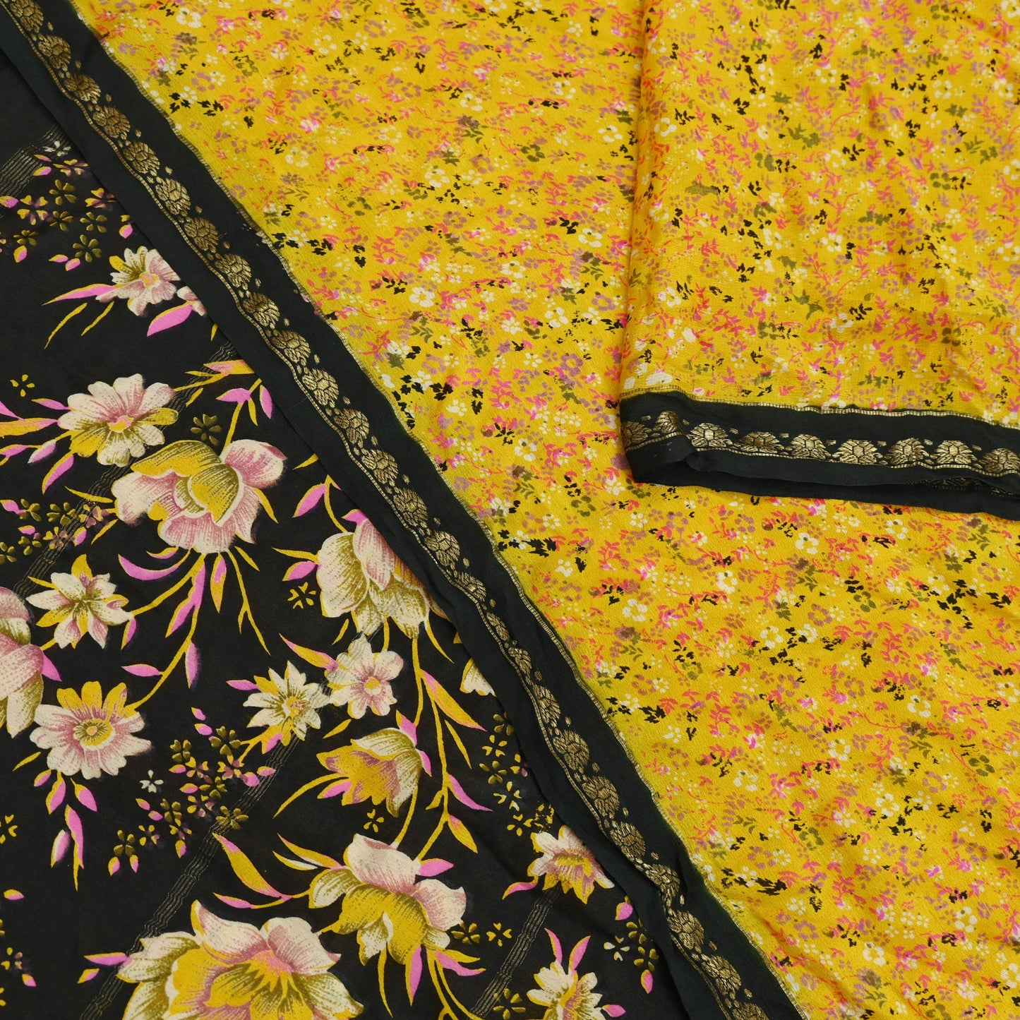 Indian Vintage Yellow Sarees 100% Pure Silk Printed Sari Craft Fabric 5yd Sewing Floral Soft Dress making Crafting quilting Upcycle Zari