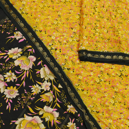 Indian Vintage Yellow Sarees 100% Pure Silk Printed Sari Craft Fabric 5yd Sewing Floral Soft Dress making Crafting quilting Upcycle Zari